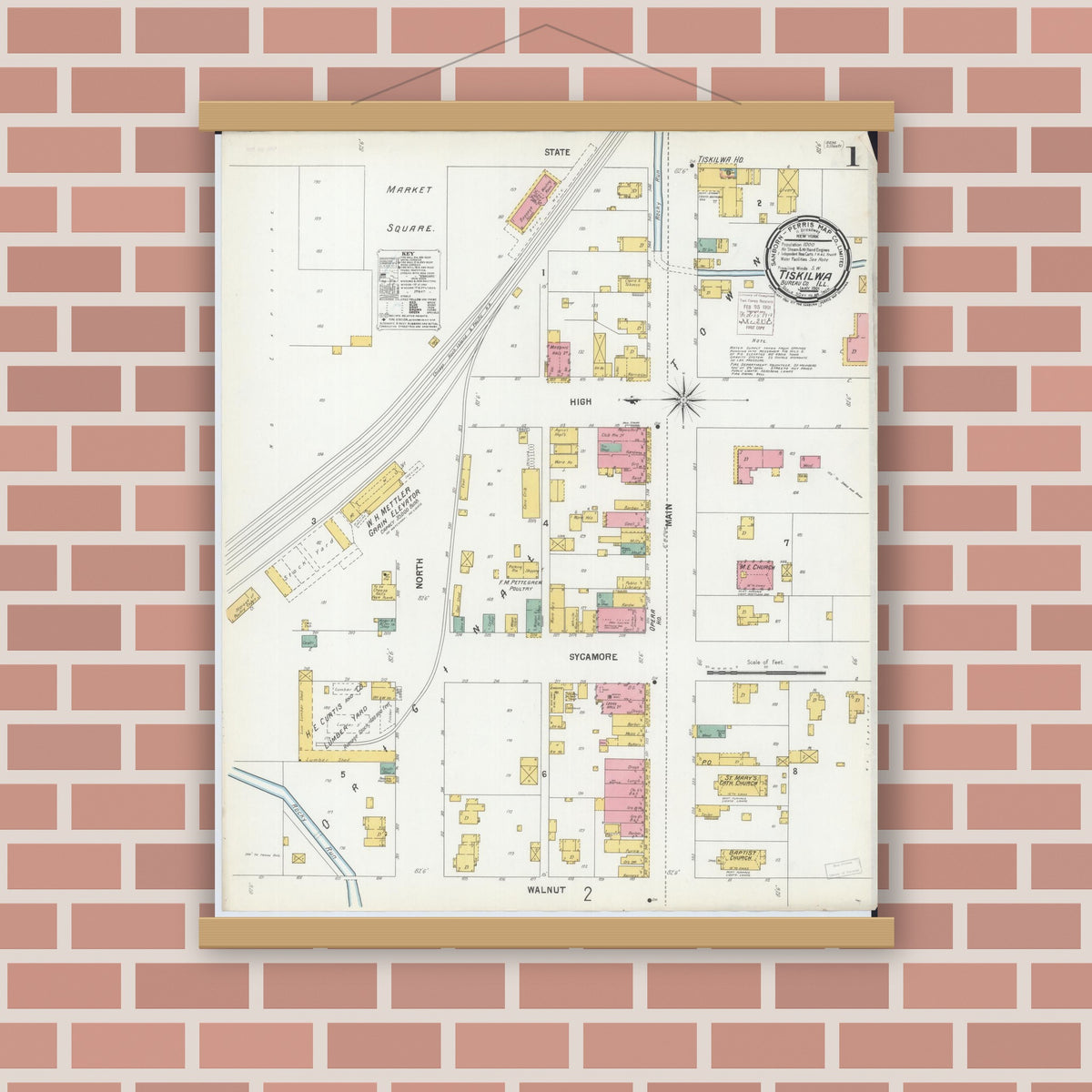 Old map wall art mockup — magnetic wood frame on brick wall — Sanborn Fire Insurance Map from Tiskilwa, Bureau County, Illinois (1901), Sheet #0001