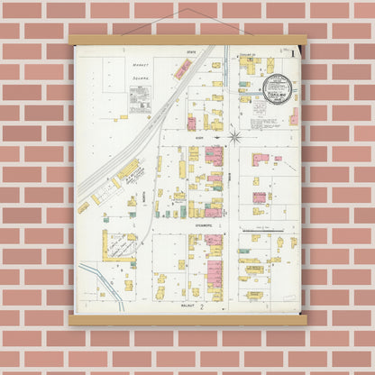 Old map wall art mockup — magnetic wood frame on brick wall — Sanborn Fire Insurance Map from Tiskilwa, Bureau County, Illinois (1901), Sheet #0001