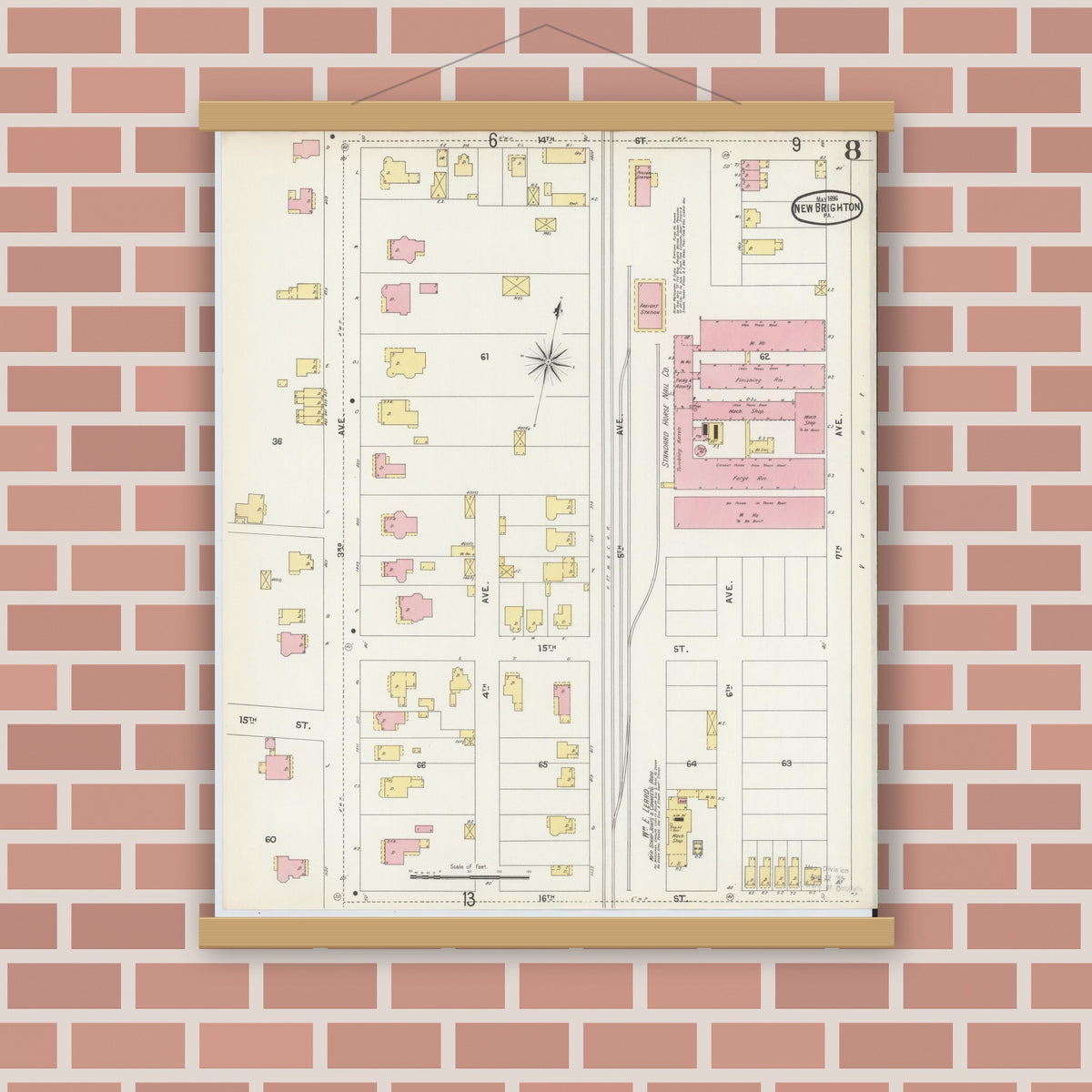 Old map wall art mockup — magnetic wood frame on brick wall — Sanborn Fire Insurance Map from New Brighton, Beaver County, Pennsylvania (1896), Sheet #0008