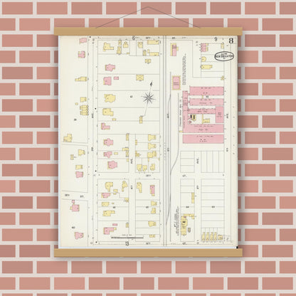 Old map wall art mockup — magnetic wood frame on brick wall — Sanborn Fire Insurance Map from New Brighton, Beaver County, Pennsylvania (1896), Sheet #0008