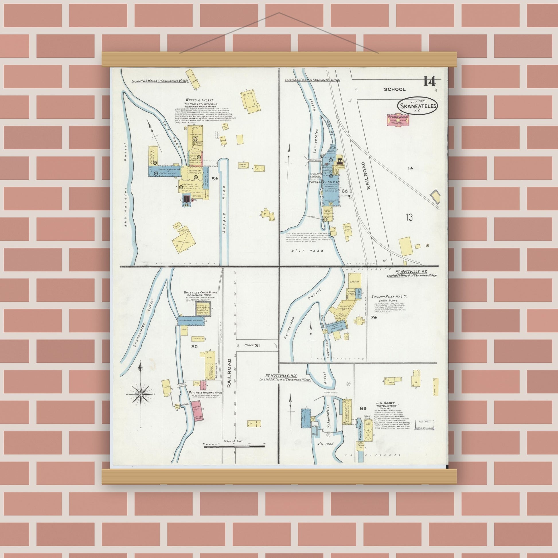 Old map wall art mockup — magnetic wood frame on brick wall — Sanborn Fire Insurance Map from Skaneateles, Onondaga County, New York (1909), Sheet #0014
