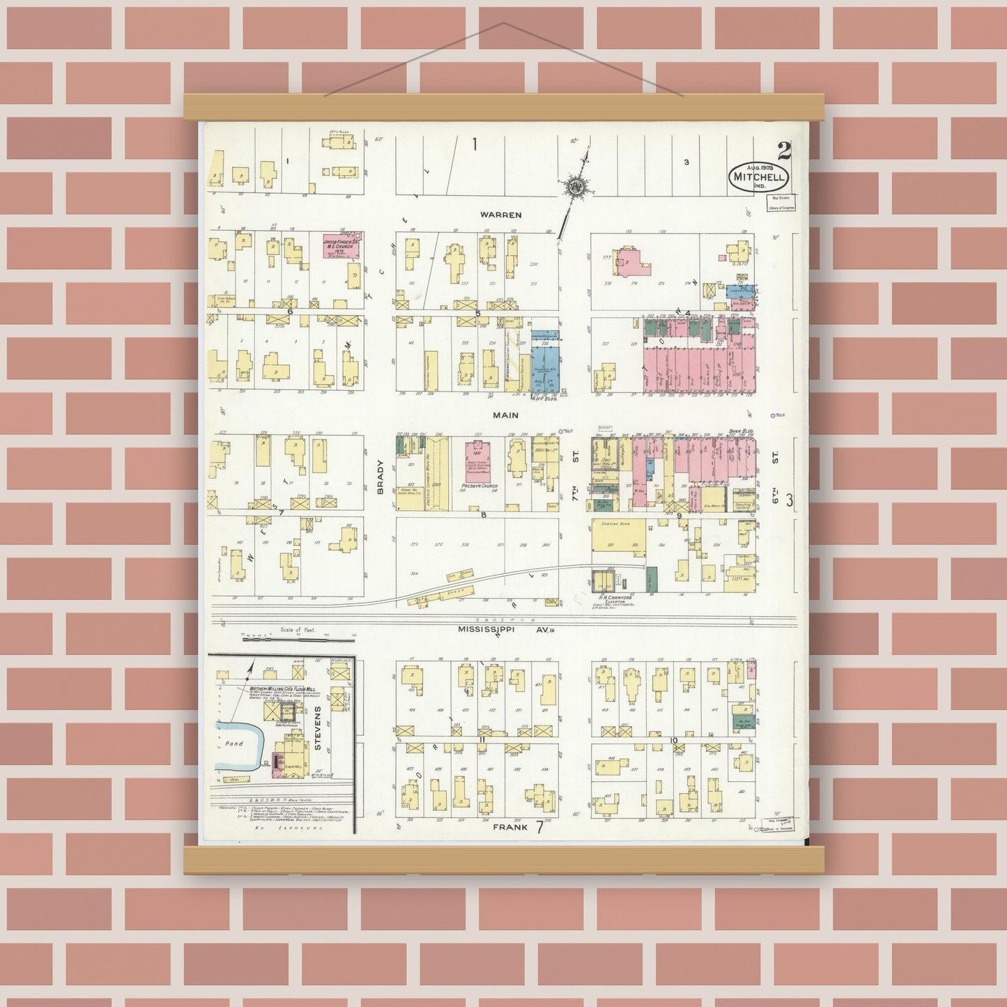 Old map wall art mockup — magnetic wood frame on brick wall — Sanborn Fire Insurance Map from Mitchell, Lawrence County, Indiana (1909), Sheet #0002
