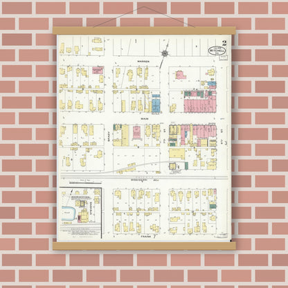 Old map wall art mockup — magnetic wood frame on brick wall — Sanborn Fire Insurance Map from Mitchell, Lawrence County, Indiana (1909), Sheet #0002