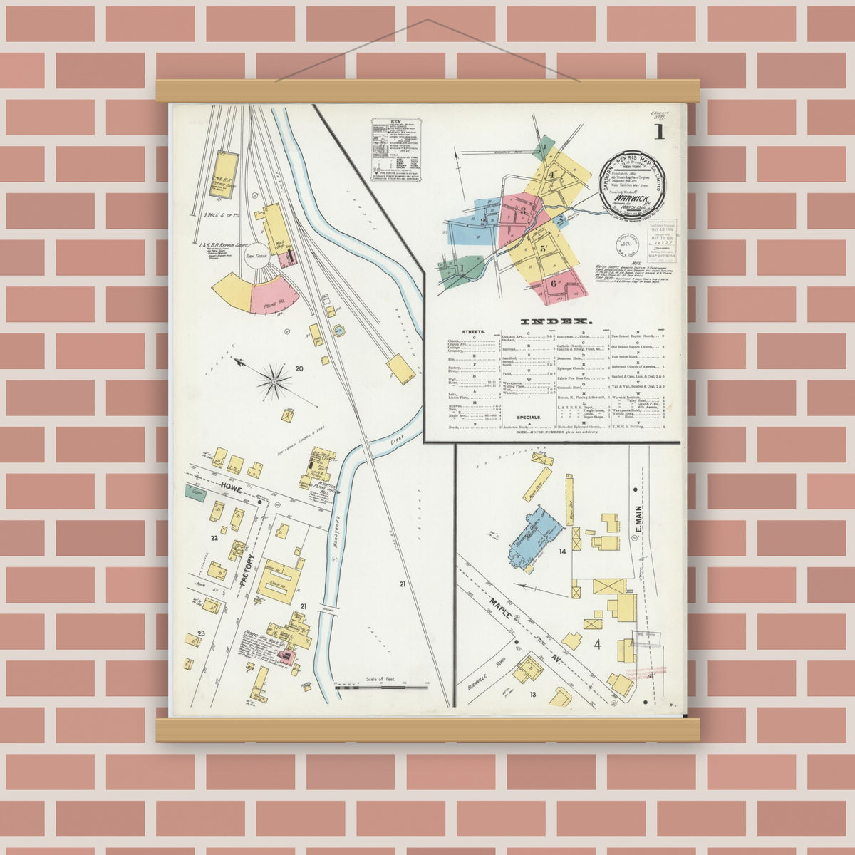 Old map wall art mockup — magnetic wood frame on brick wall — Sanborn Fire Insurance Map from Warwick, Orange County, New York (1900) - Complete Map Set