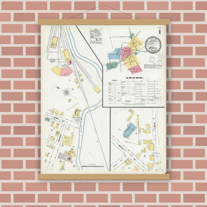 Old map wall art mockup — magnetic wood frame on brick wall — Sanborn Fire Insurance Map from Warwick, Orange County, New York (1900) - Complete Map Set