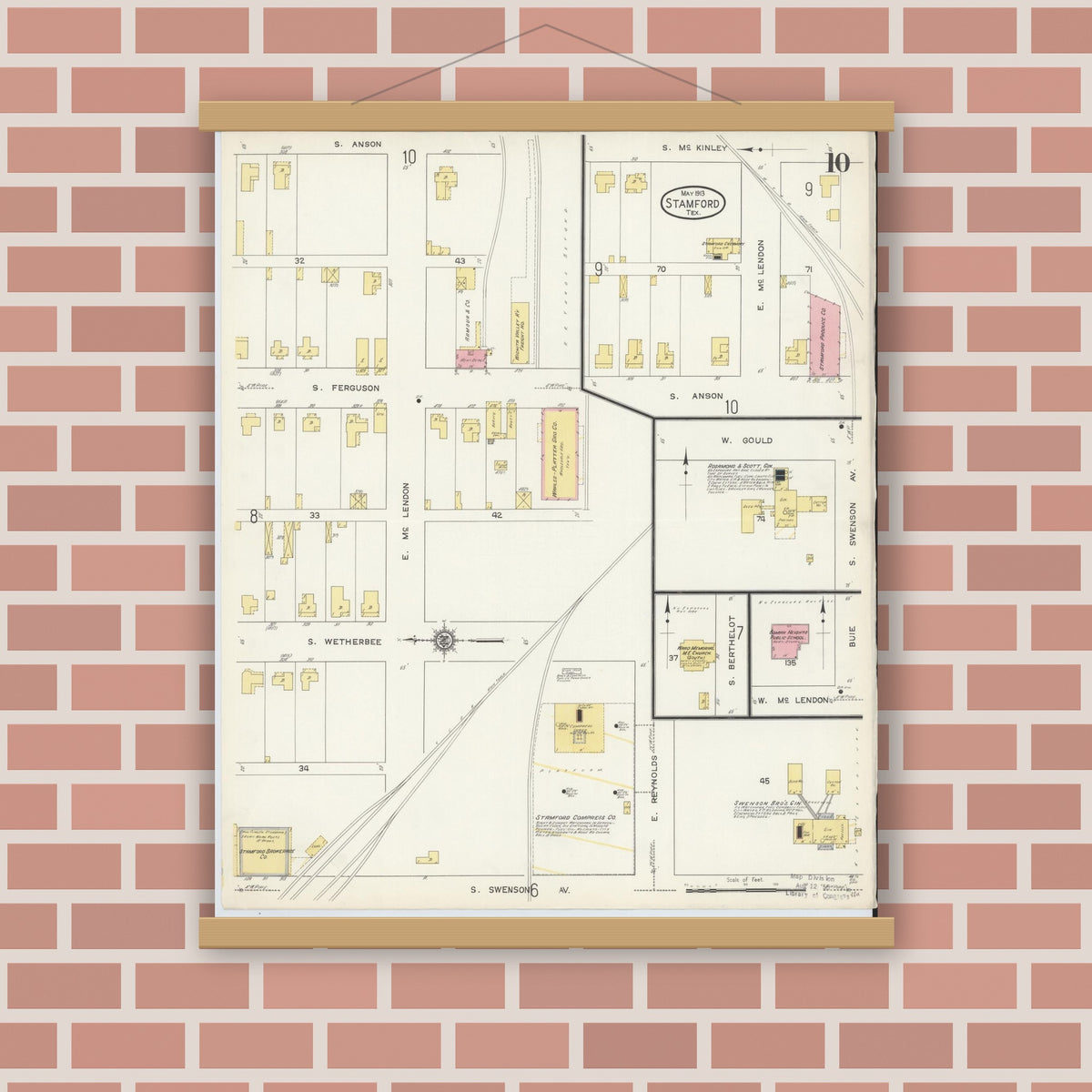 Old map wall art mockup — magnetic wood frame on brick wall — Sanborn Fire Insurance Map from Stamford, Jones County, Texas (1913), Sheet #0010