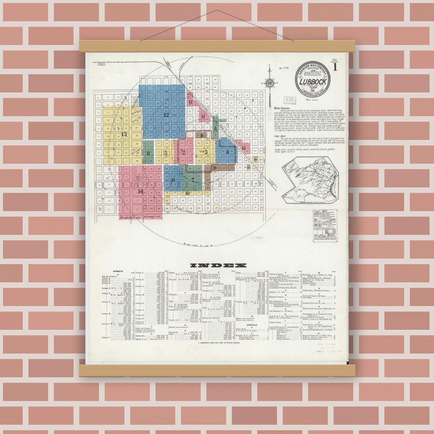 Old map wall art mockup — magnetic wood frame on brick wall — Sanborn Fire Insurance Map from Lubbock, Lubbock County, Texas (1921), Sheet #0001