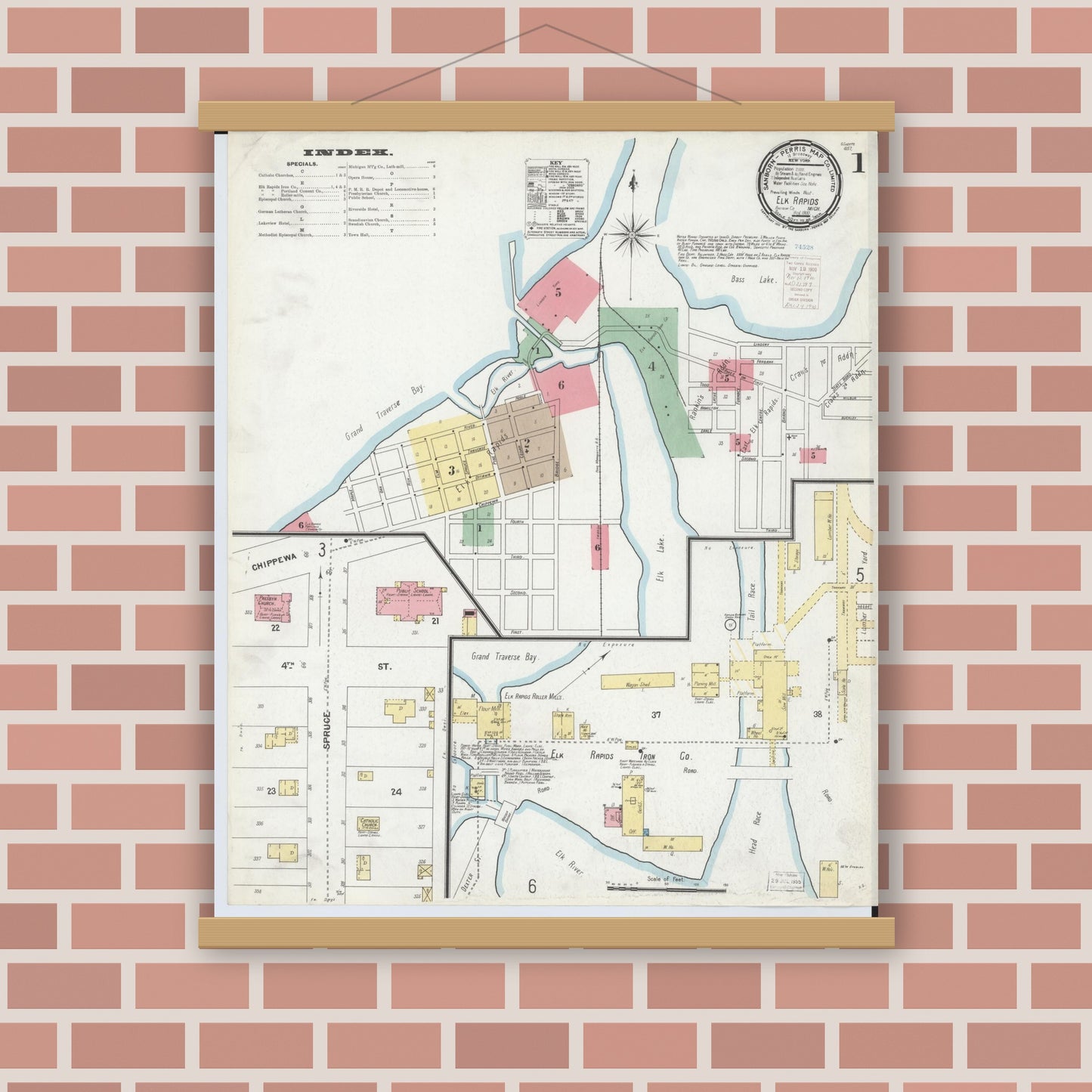 Old map wall art mockup — magnetic wood frame on brick wall — Sanborn Fire Insurance Map from Elk Rapids, Antrim County, Michigan (1900), Sheet #0001
