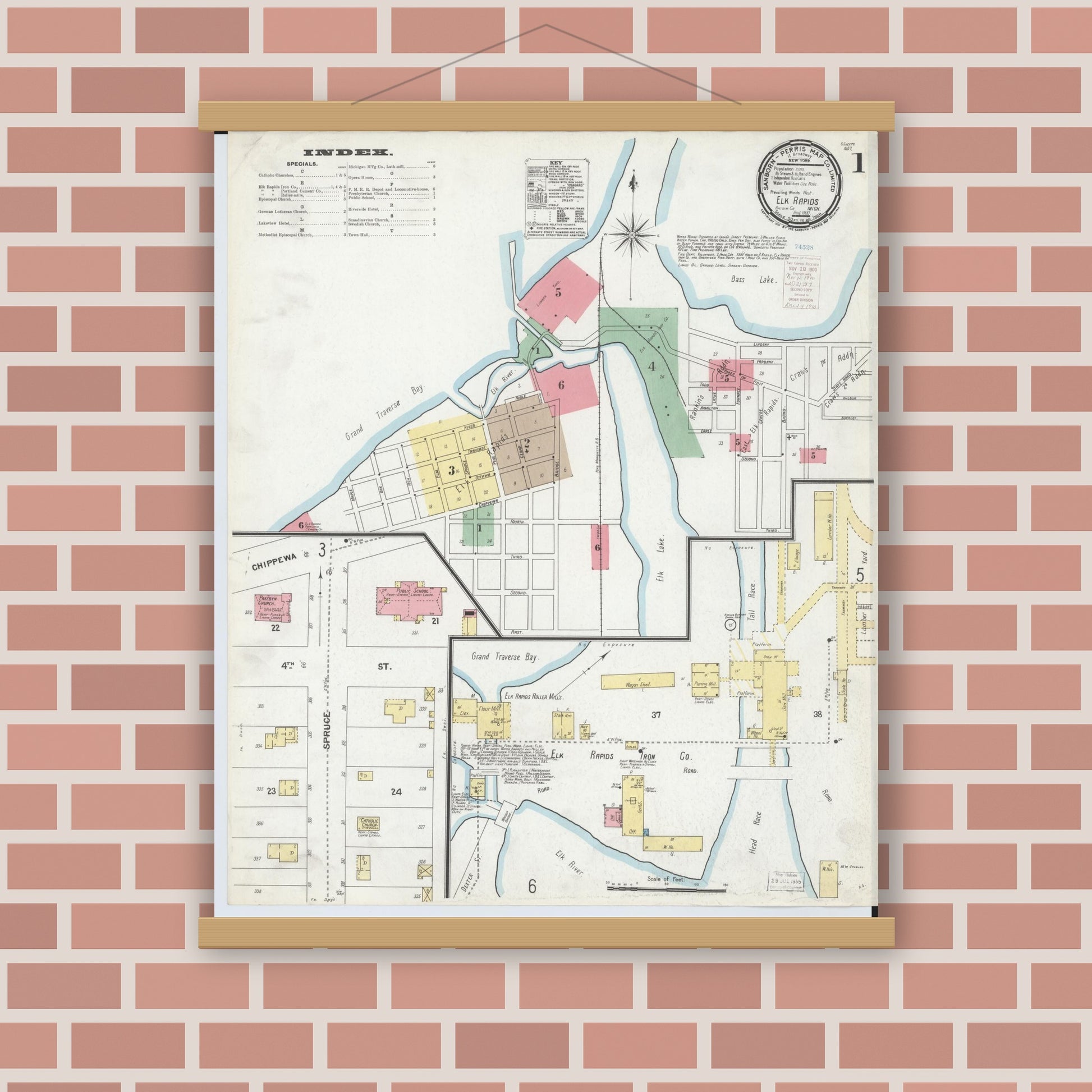 Old map wall art mockup — magnetic wood frame on brick wall — Sanborn Fire Insurance Map from Elk Rapids, Antrim County, Michigan (1900), Sheet #0001