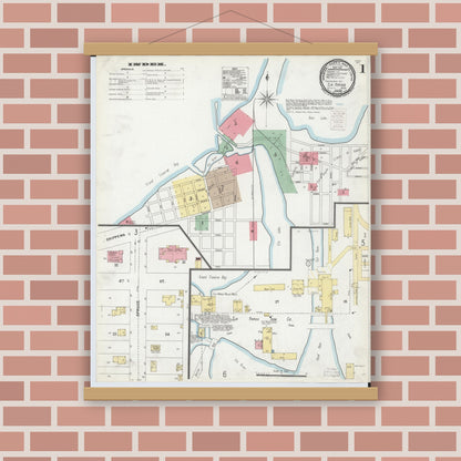 Old map wall art mockup — magnetic wood frame on brick wall — Sanborn Fire Insurance Map from Elk Rapids, Antrim County, Michigan (1900), Sheet #0001