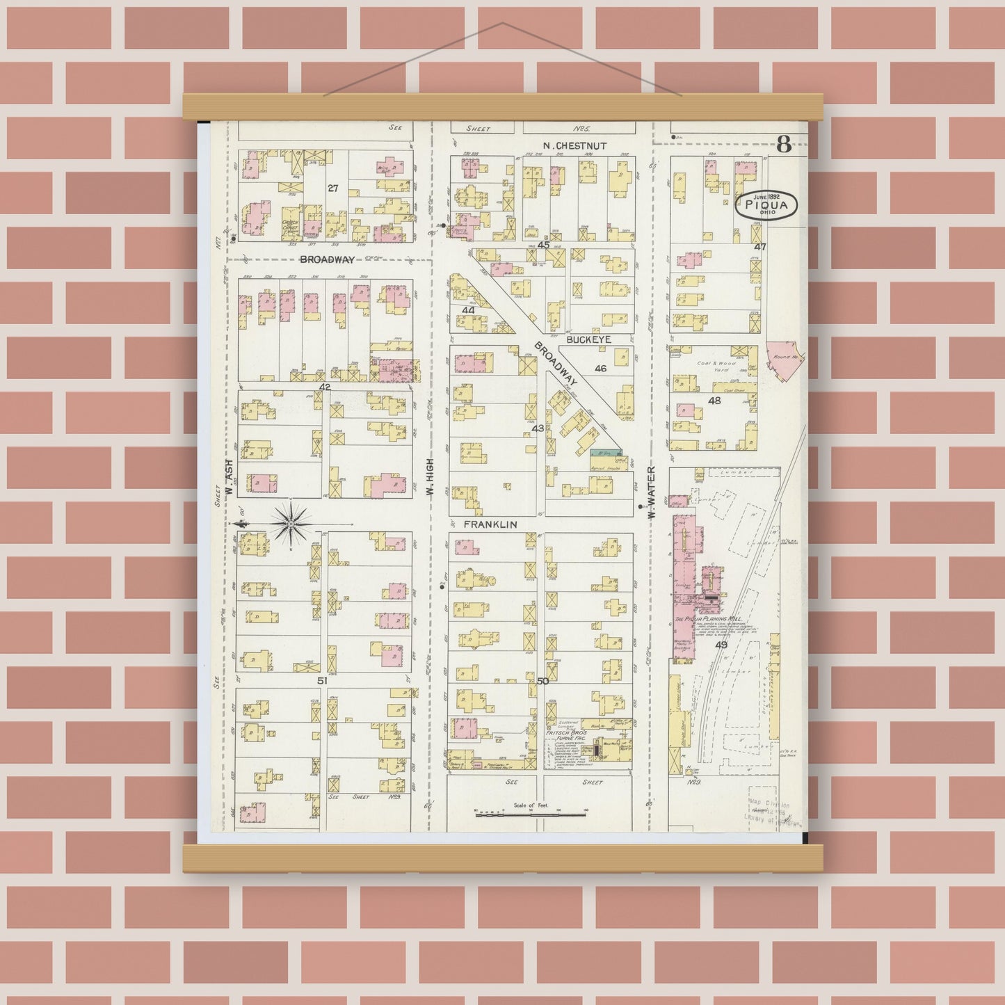Old map wall art mockup — magnetic wood frame on brick wall — Sanborn Fire Insurance Map from Piqua, Miami County, Ohio (1892), Sheet #0008