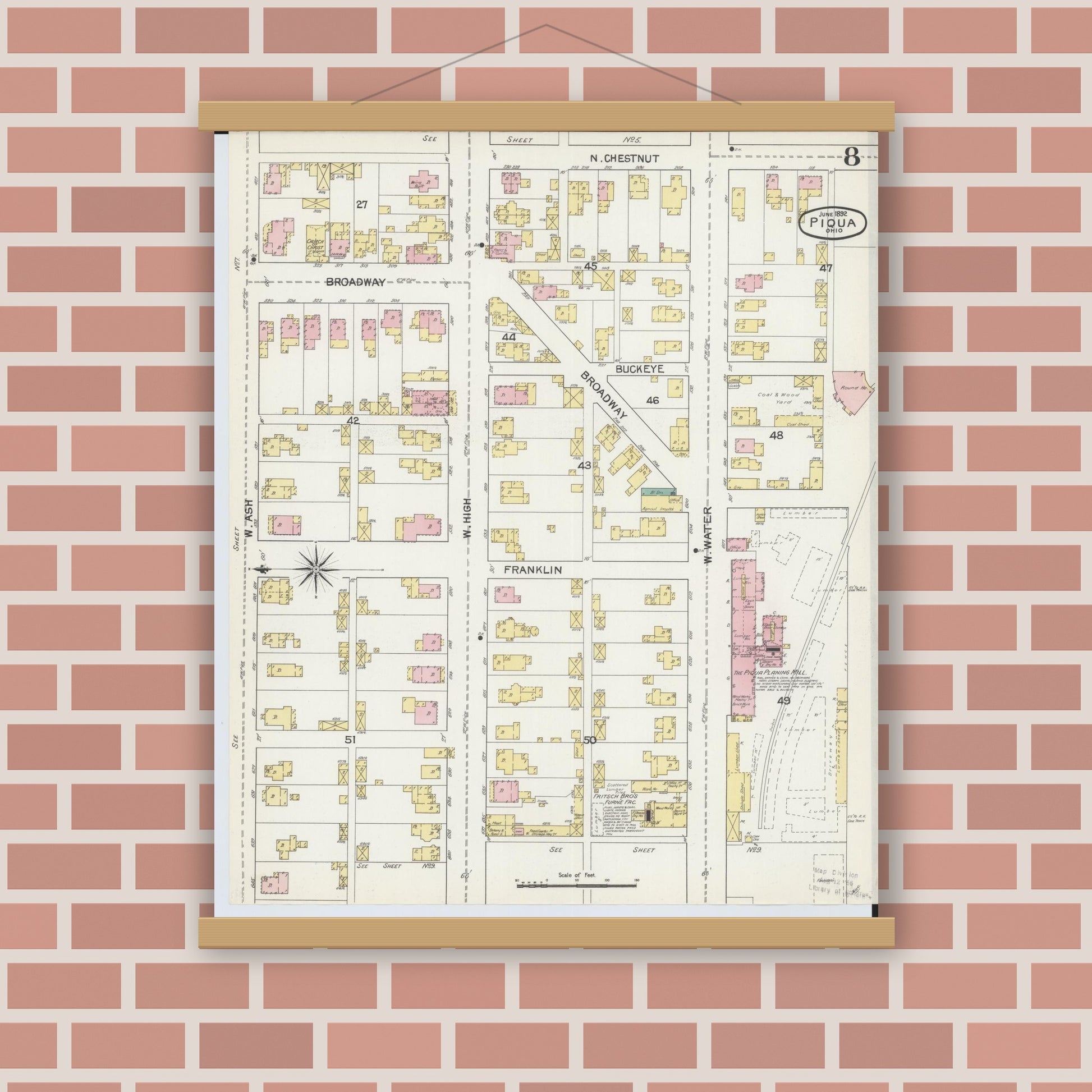 Old map wall art mockup — magnetic wood frame on brick wall — Sanborn Fire Insurance Map from Piqua, Miami County, Ohio (1892), Sheet #0008