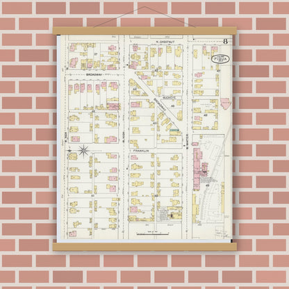 Old map wall art mockup — magnetic wood frame on brick wall — Sanborn Fire Insurance Map from Piqua, Miami County, Ohio (1892), Sheet #0008