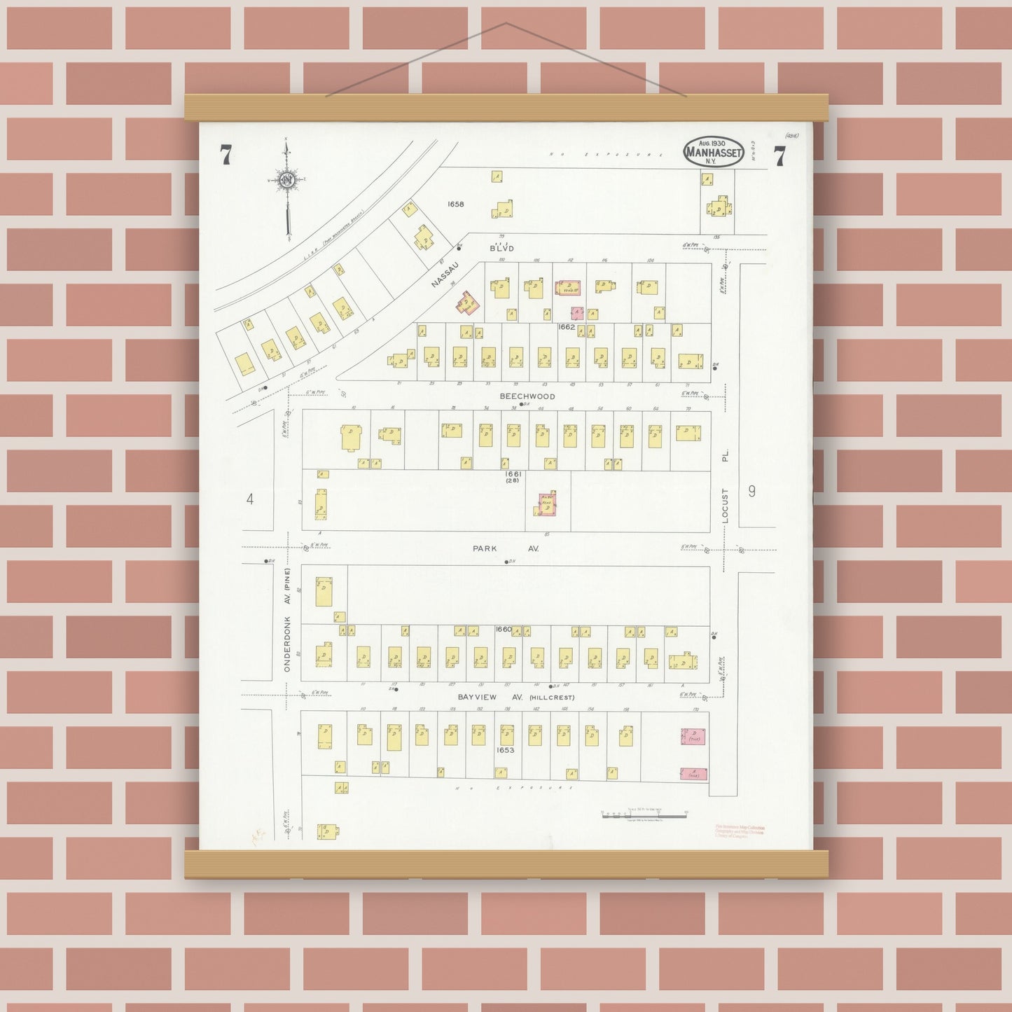 Old map wall art mockup — magnetic wood frame on brick wall — Sanborn Fire Insurance Map from Manhasset, Nassau County, New York (1930), Sheet #0007