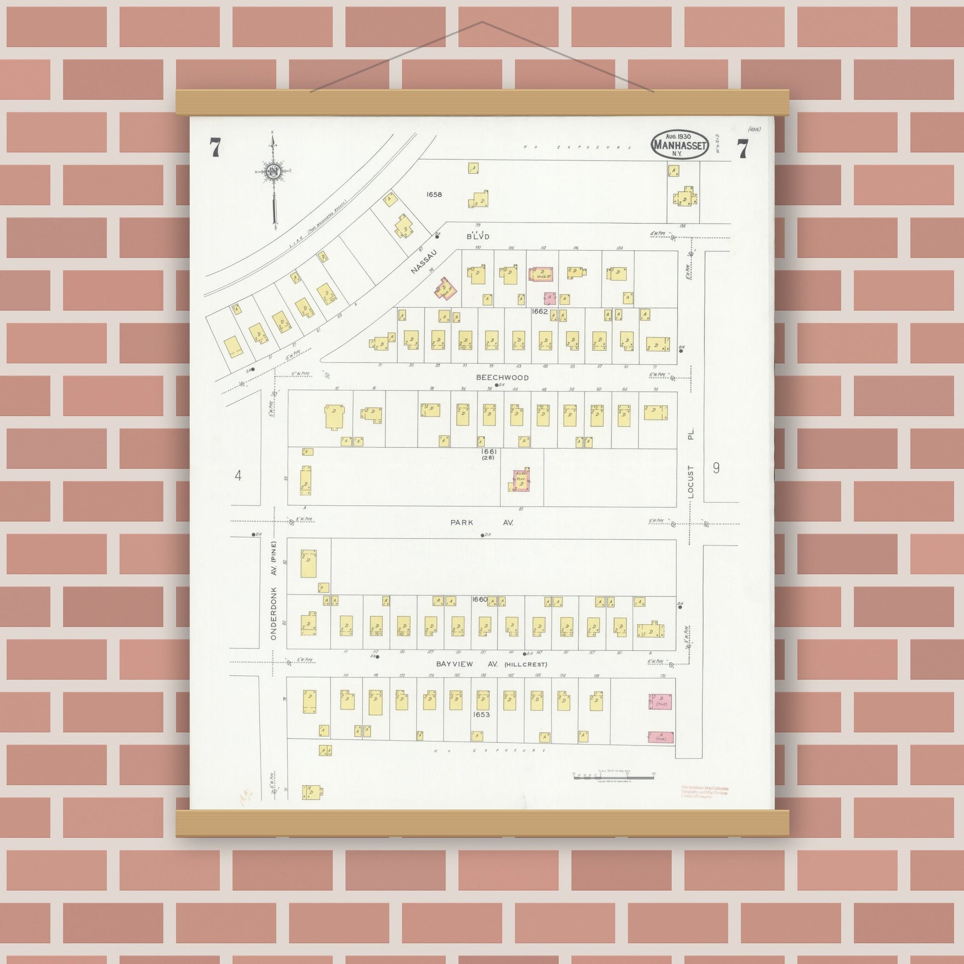 Old map wall art mockup — magnetic wood frame on brick wall — Sanborn Fire Insurance Map from Manhasset, Nassau County, New York (1930), Sheet #0007