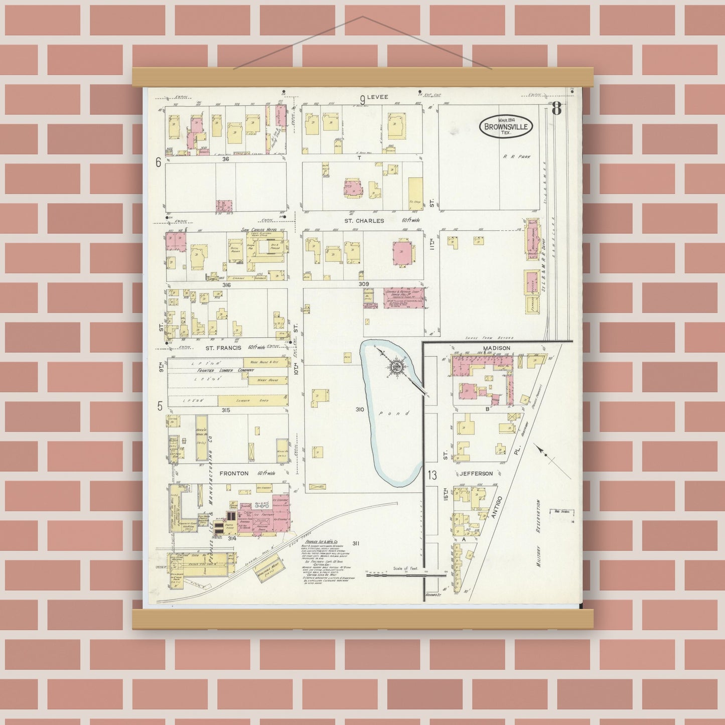 Old map wall art mockup — magnetic wood frame on brick wall — Sanborn Fire Insurance Map from Brownsville, Cameron County, Texas (1914), Sheet #0008