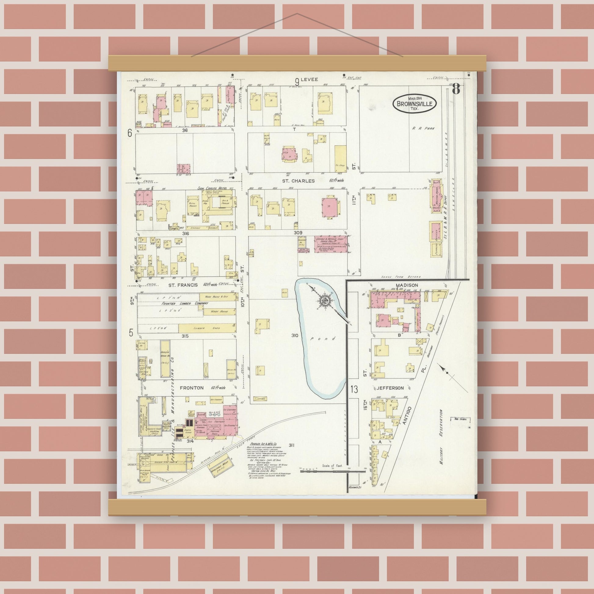 Old map wall art mockup — magnetic wood frame on brick wall — Sanborn Fire Insurance Map from Brownsville, Cameron County, Texas (1914), Sheet #0008