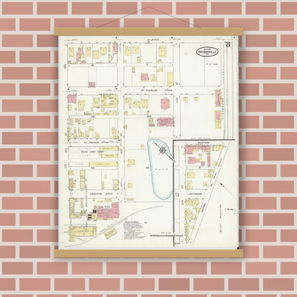 Old map wall art mockup — magnetic wood frame on brick wall — Sanborn Fire Insurance Map from Brownsville, Cameron County, Texas (1914), Sheet #0008