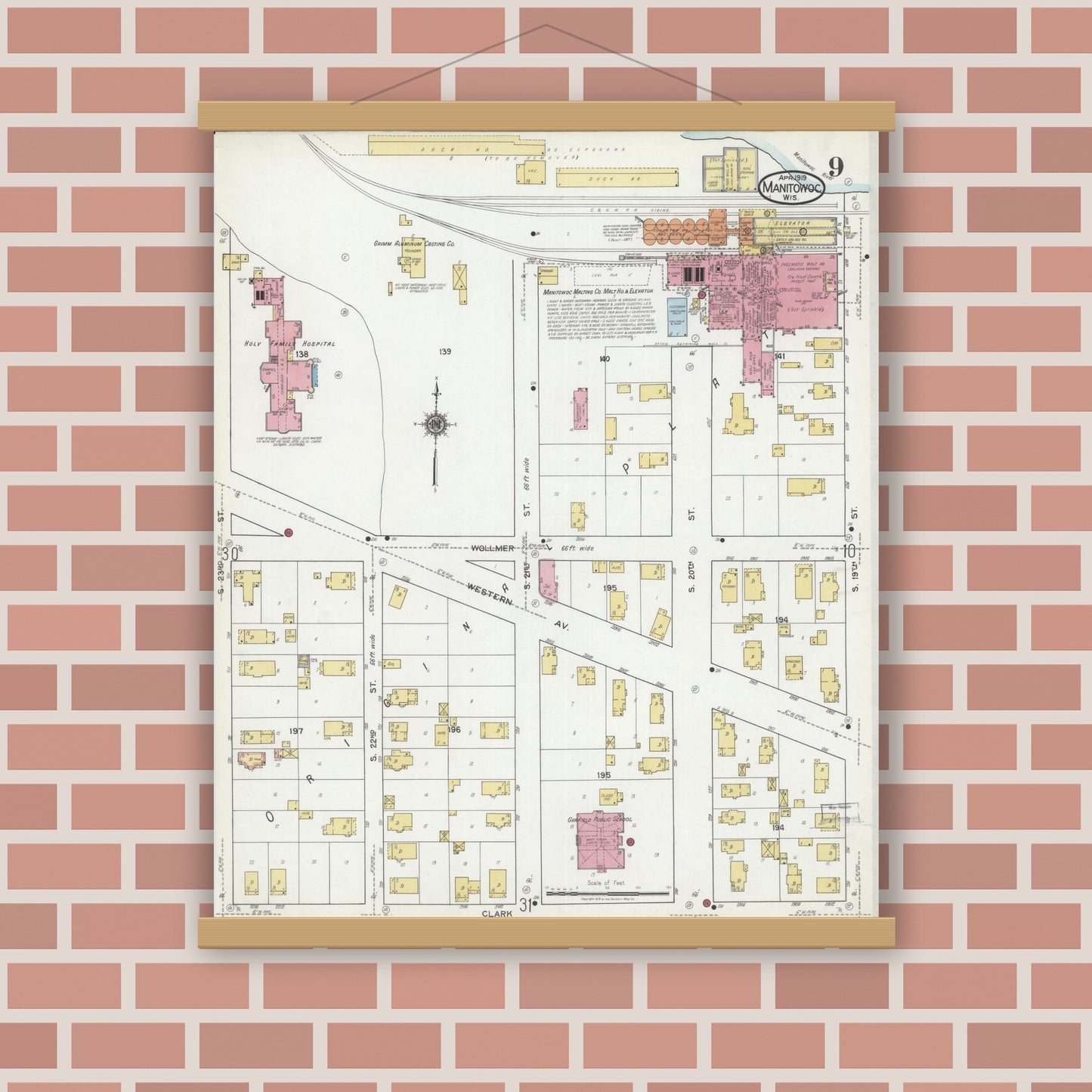 Old map wall art mockup — magnetic wood frame on brick wall — Sanborn Fire Insurance Map from Manitowoc, Manitowoc County, Wisconsin (1919), Sheet #0009