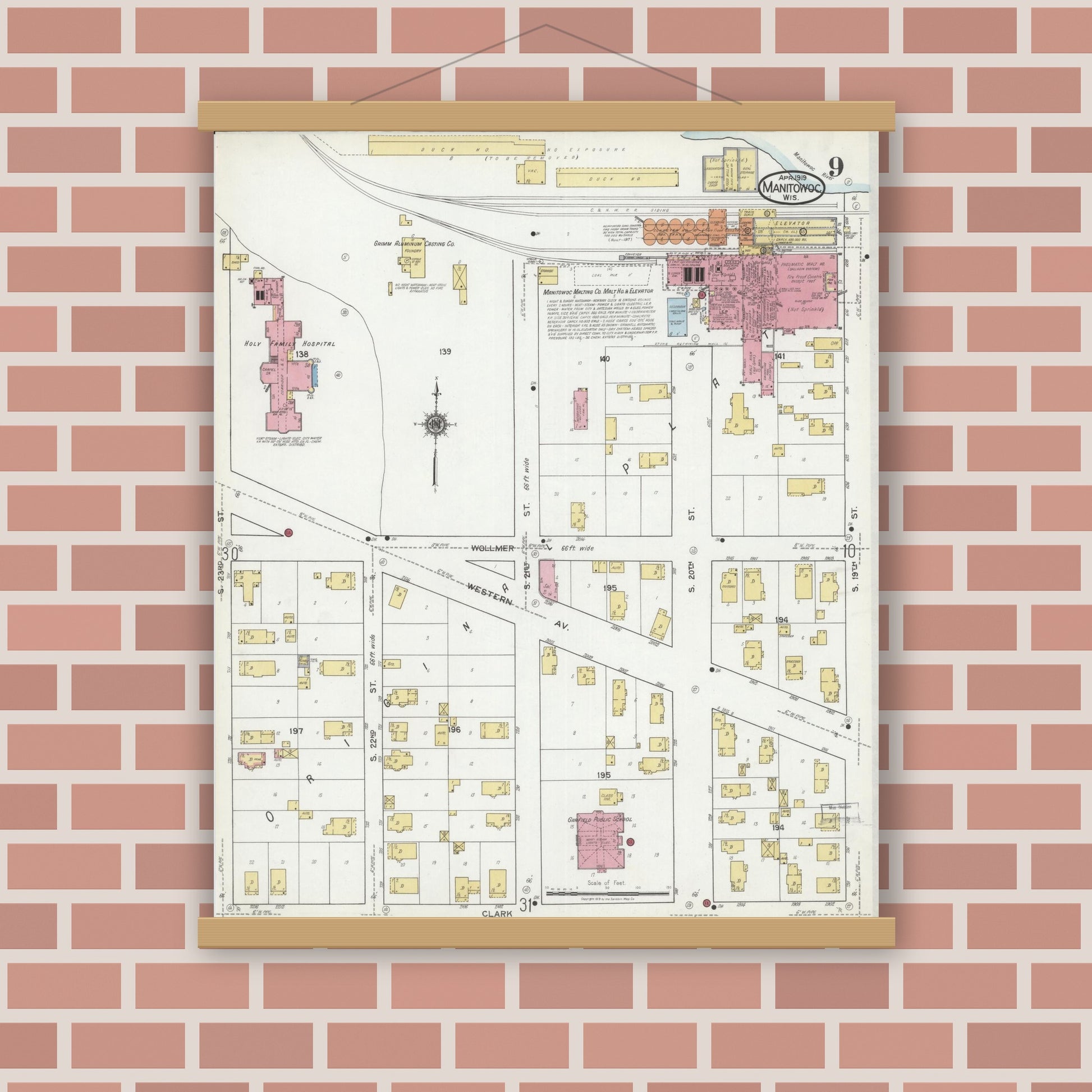 Old map wall art mockup — magnetic wood frame on brick wall — Sanborn Fire Insurance Map from Manitowoc, Manitowoc County, Wisconsin (1919), Sheet #0009