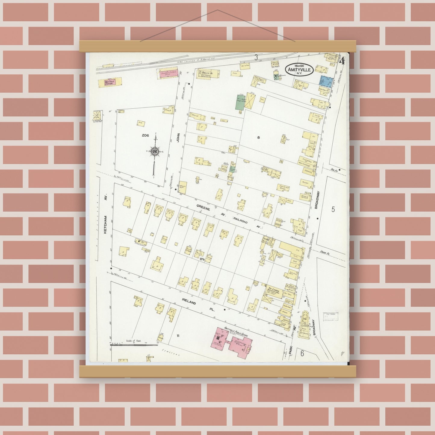 Old map wall art mockup — magnetic wood frame on brick wall — Sanborn Fire Insurance Map from Amityville, Suffolk County, New York (1910), Sheet #0004
