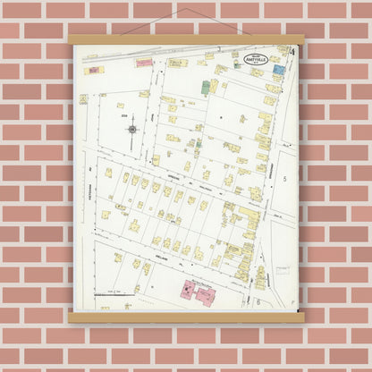 Old map wall art mockup — magnetic wood frame on brick wall — Sanborn Fire Insurance Map from Amityville, Suffolk County, New York (1910), Sheet #0004