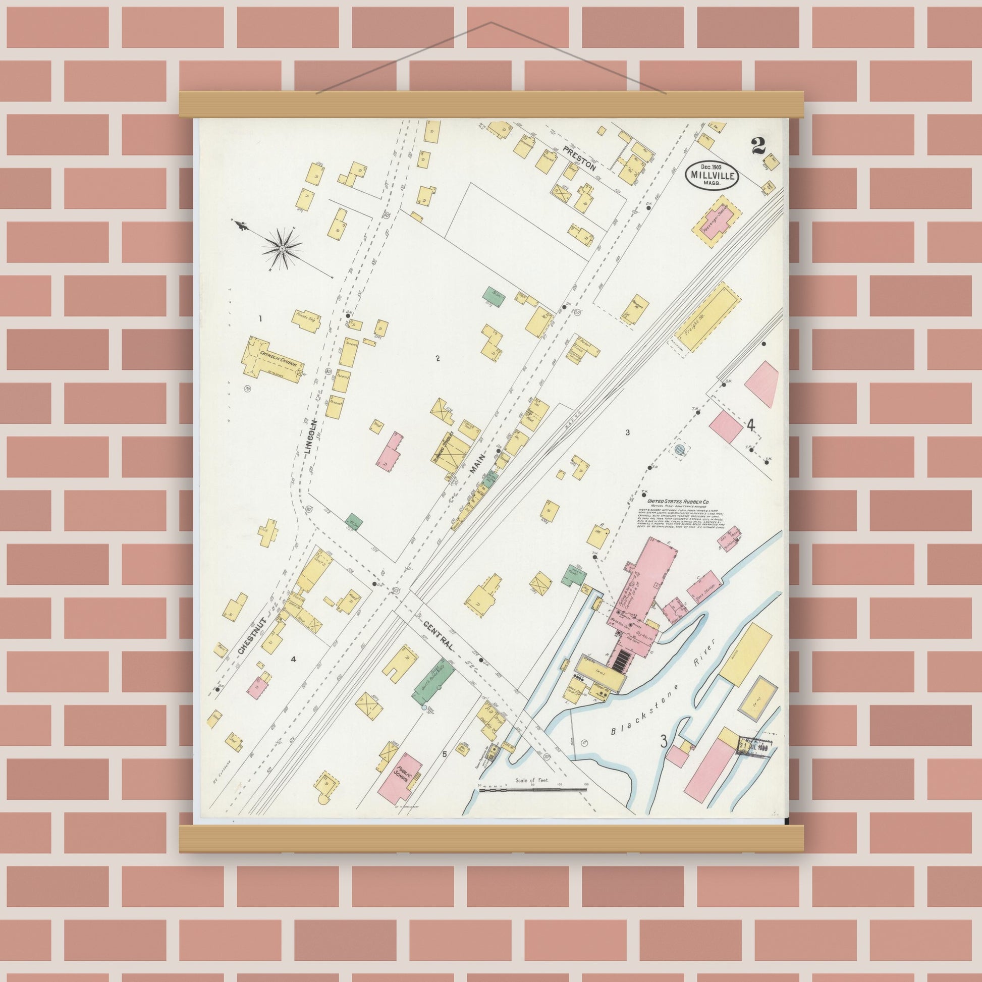Old map wall art mockup — magnetic wood frame on brick wall — Sanborn Fire Insurance Map from Millville, Worcester County, Massachusetts (1903), Sheet #0002