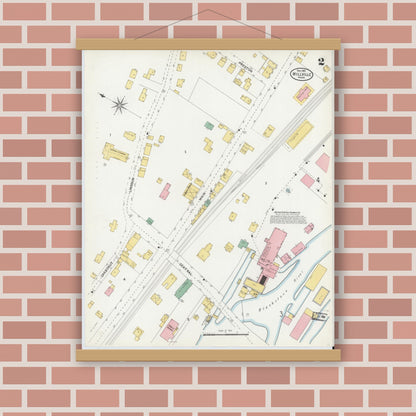 Old map wall art mockup — magnetic wood frame on brick wall — Sanborn Fire Insurance Map from Millville, Worcester County, Massachusetts (1903), Sheet #0002