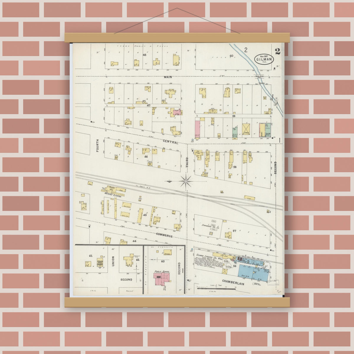 Old map wall art mockup — magnetic wood frame on brick wall — Sanborn Fire Insurance Map from Gilman, Iroquois County, Illinois (1897), Sheet #0002