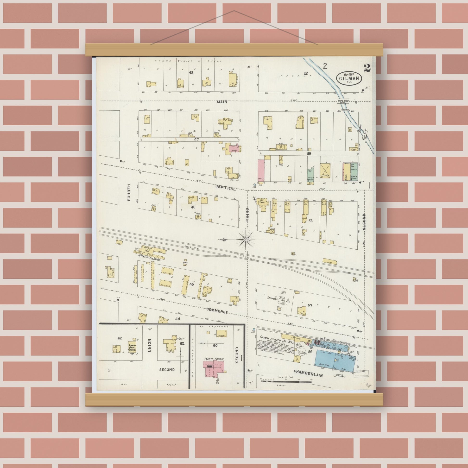 Old map wall art mockup — magnetic wood frame on brick wall — Sanborn Fire Insurance Map from Gilman, Iroquois County, Illinois (1897), Sheet #0002