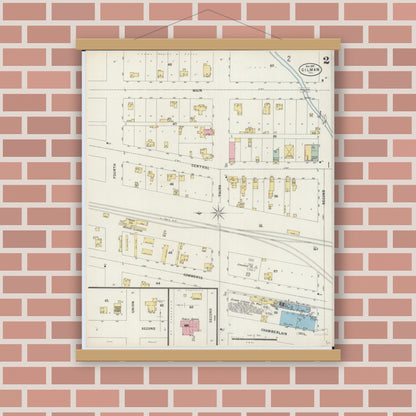 Old map wall art mockup — magnetic wood frame on brick wall — Sanborn Fire Insurance Map from Gilman, Iroquois County, Illinois (1897), Sheet #0002