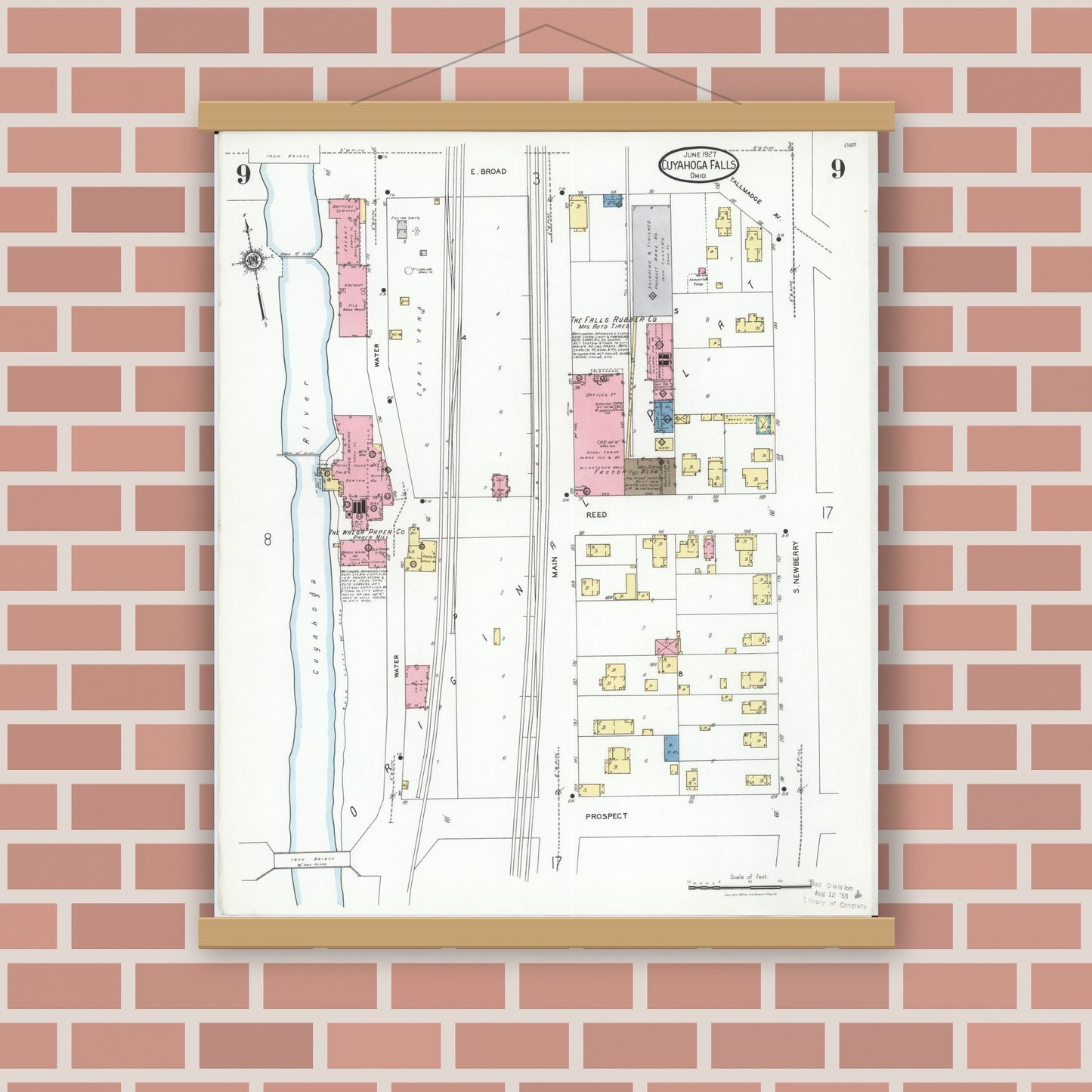 Old map wall art mockup — magnetic wood frame on brick wall — Sanborn Fire Insurance Map from Cuyahoga Falls, Summit County, Ohio (1927), Sheet #0009