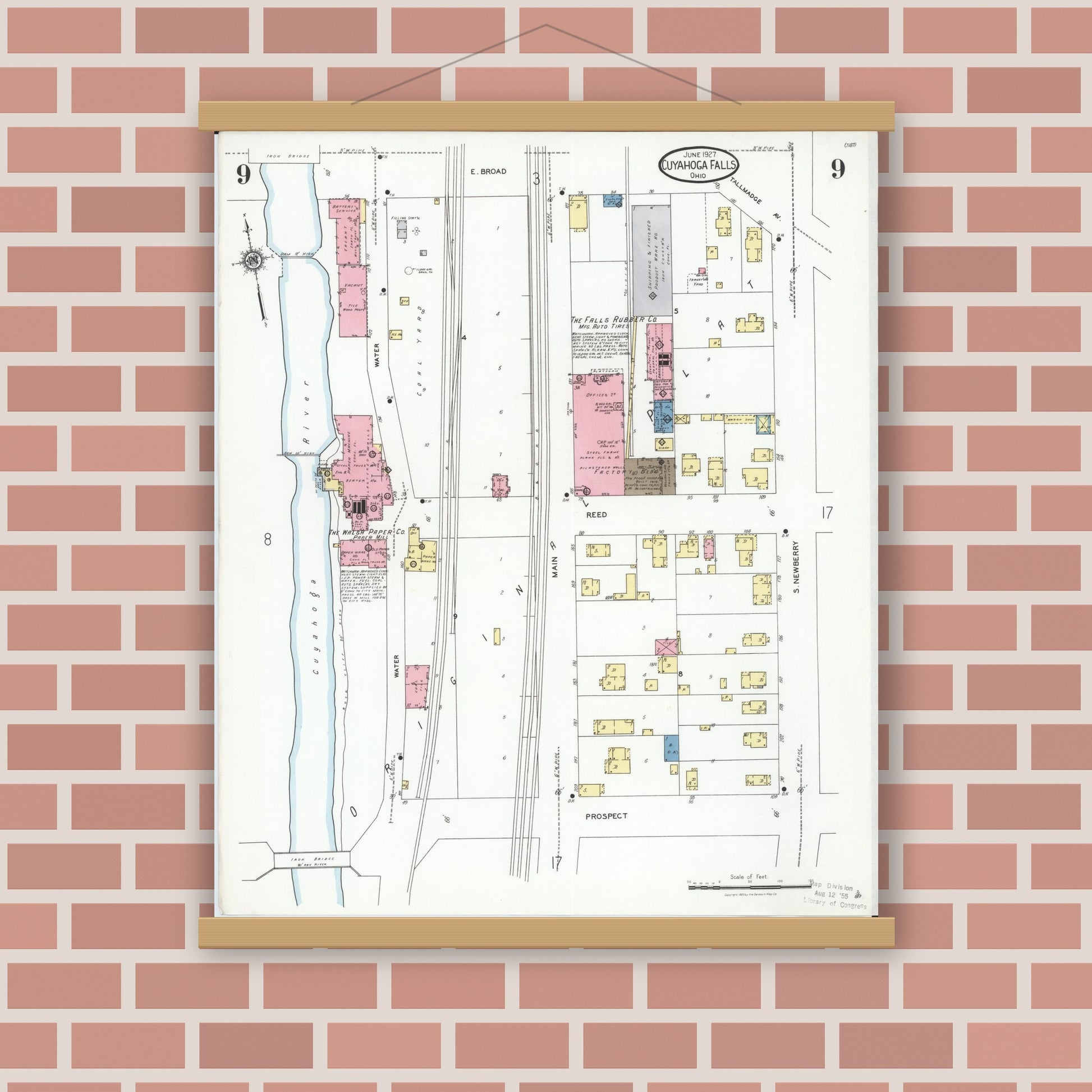 Old map wall art mockup — magnetic wood frame on brick wall — Sanborn Fire Insurance Map from Cuyahoga Falls, Summit County, Ohio (1927), Sheet #0009