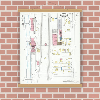 Old map wall art mockup — magnetic wood frame on brick wall — Sanborn Fire Insurance Map from Cuyahoga Falls, Summit County, Ohio (1927), Sheet #0009