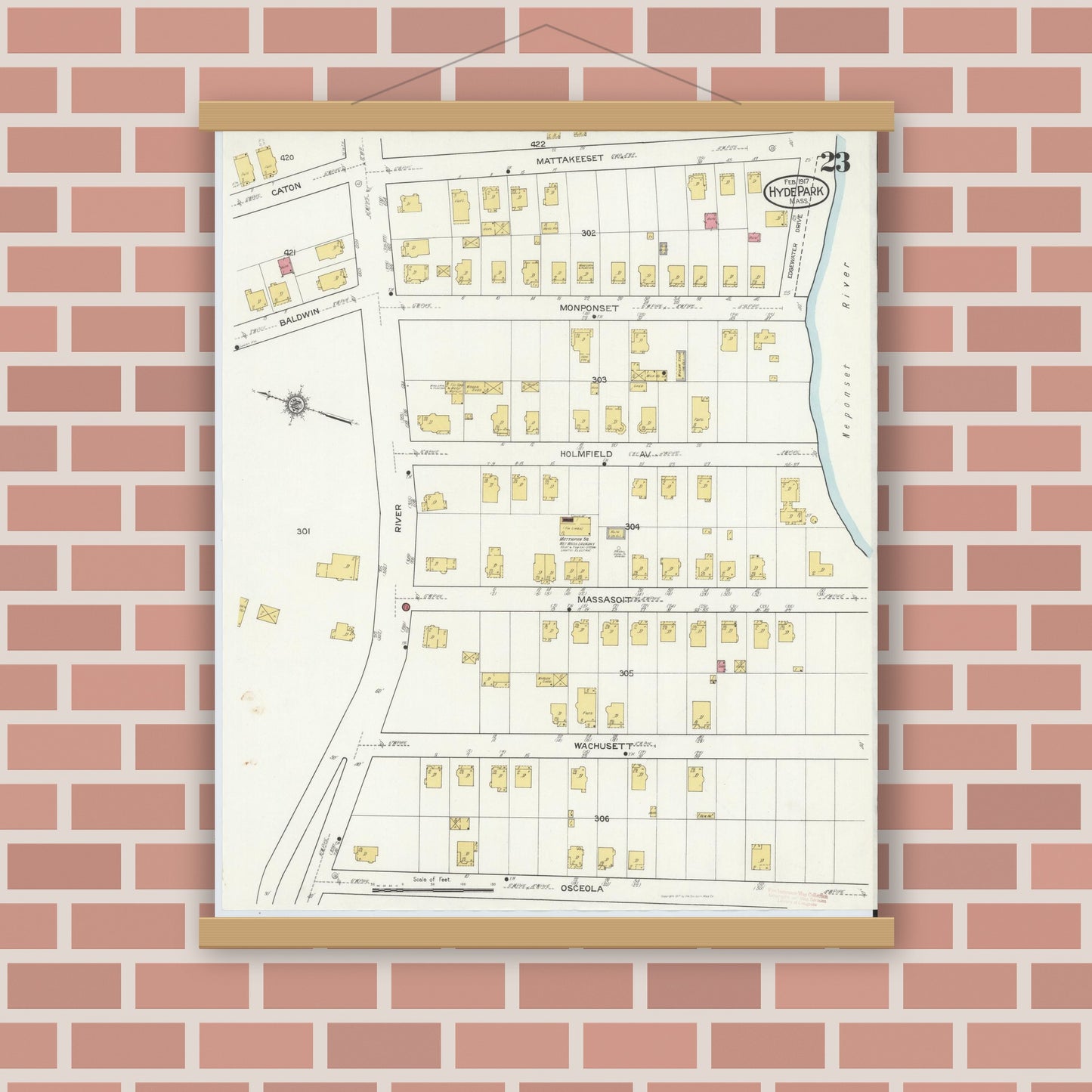 Old map wall art mockup — magnetic wood frame on brick wall — Sanborn Fire Insurance Map from Hyde Park, Norfolk County, Massachusetts (1917), Sheet #0023