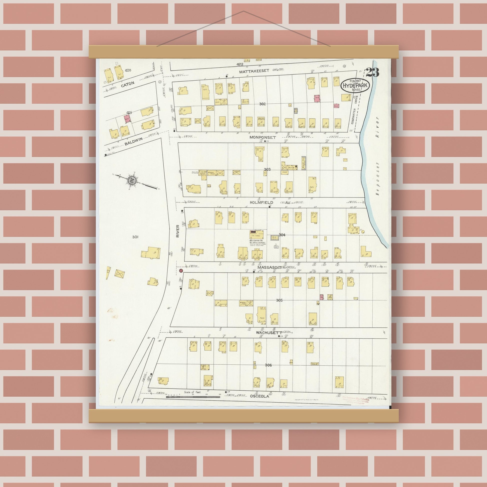 Old map wall art mockup — magnetic wood frame on brick wall — Sanborn Fire Insurance Map from Hyde Park, Norfolk County, Massachusetts (1917), Sheet #0023