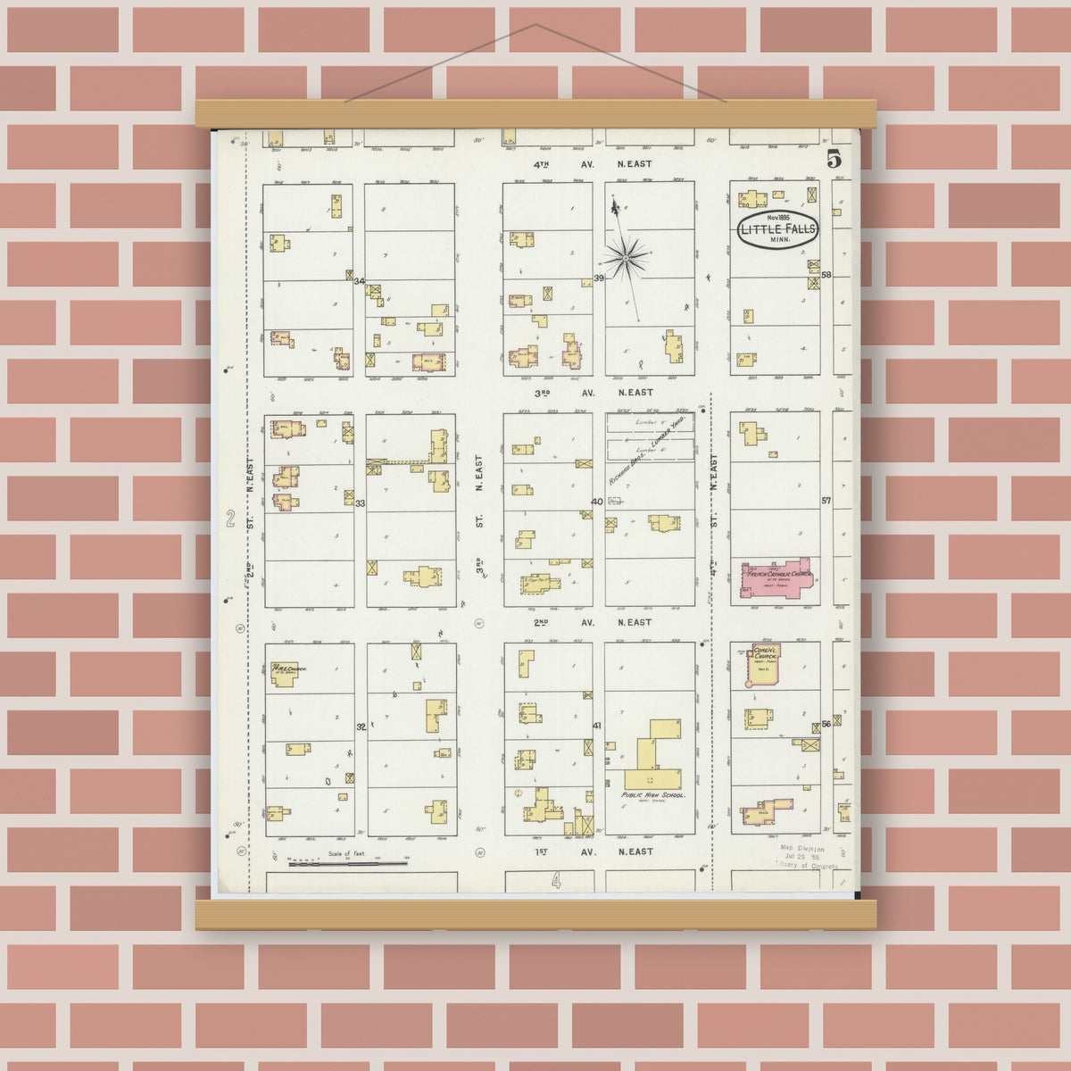 Old map wall art mockup — magnetic wood frame on brick wall — Sanborn Fire Insurance Map from Little Falls, Morrison County, Minnesota (1895), Sheet #0005