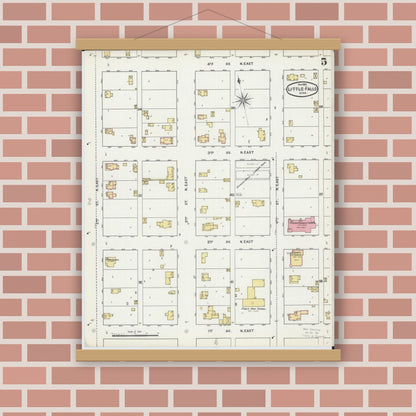 Old map wall art mockup — magnetic wood frame on brick wall — Sanborn Fire Insurance Map from Little Falls, Morrison County, Minnesota (1895), Sheet #0005