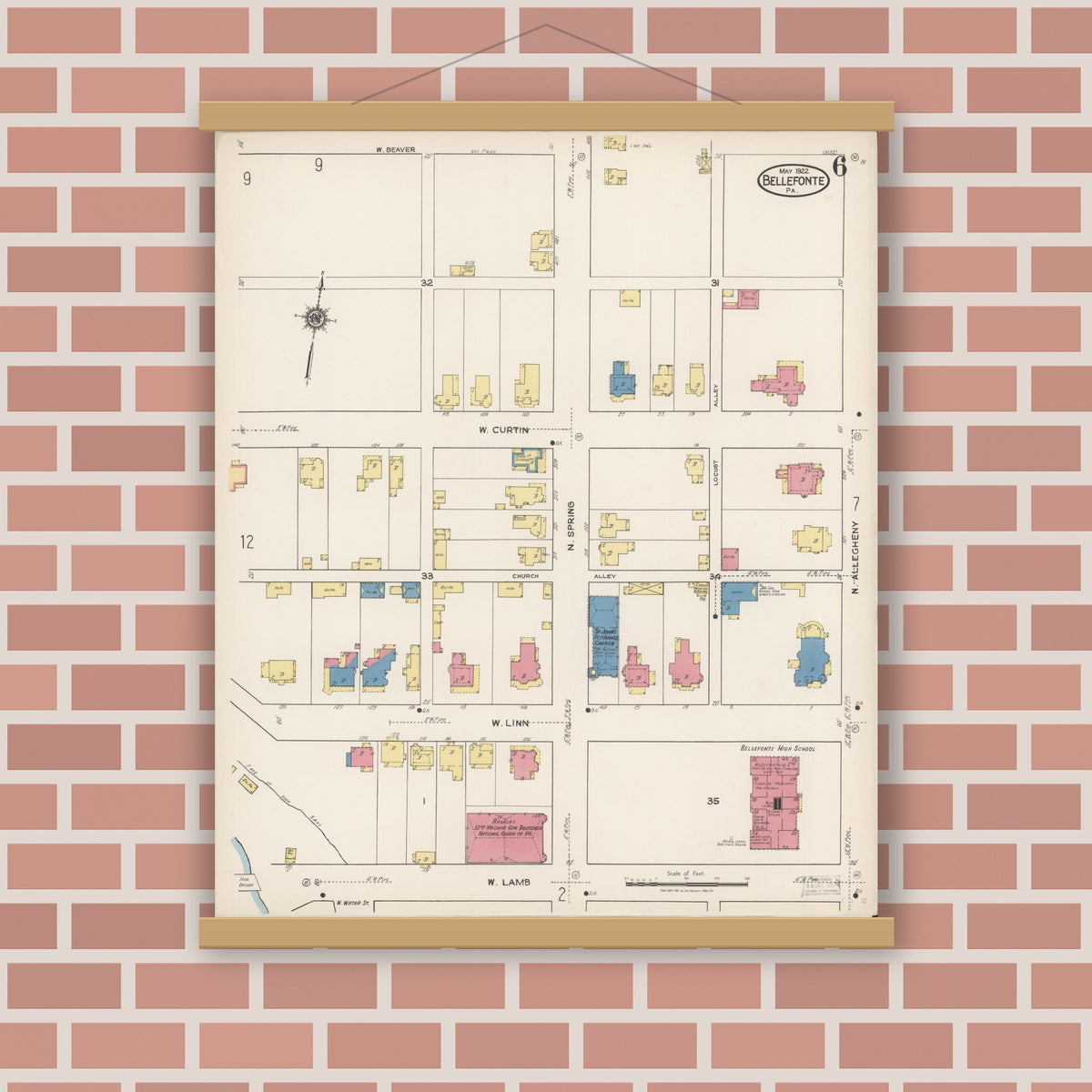 Old map wall art mockup — magnetic wood frame on brick wall — Sanborn Fire Insurance Map from Bellefonte, Centre County, Pennsylvania (1922), Sheet #0006