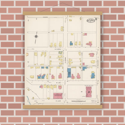 Old map wall art mockup — magnetic wood frame on brick wall — Sanborn Fire Insurance Map from Bellefonte, Centre County, Pennsylvania (1922), Sheet #0006
