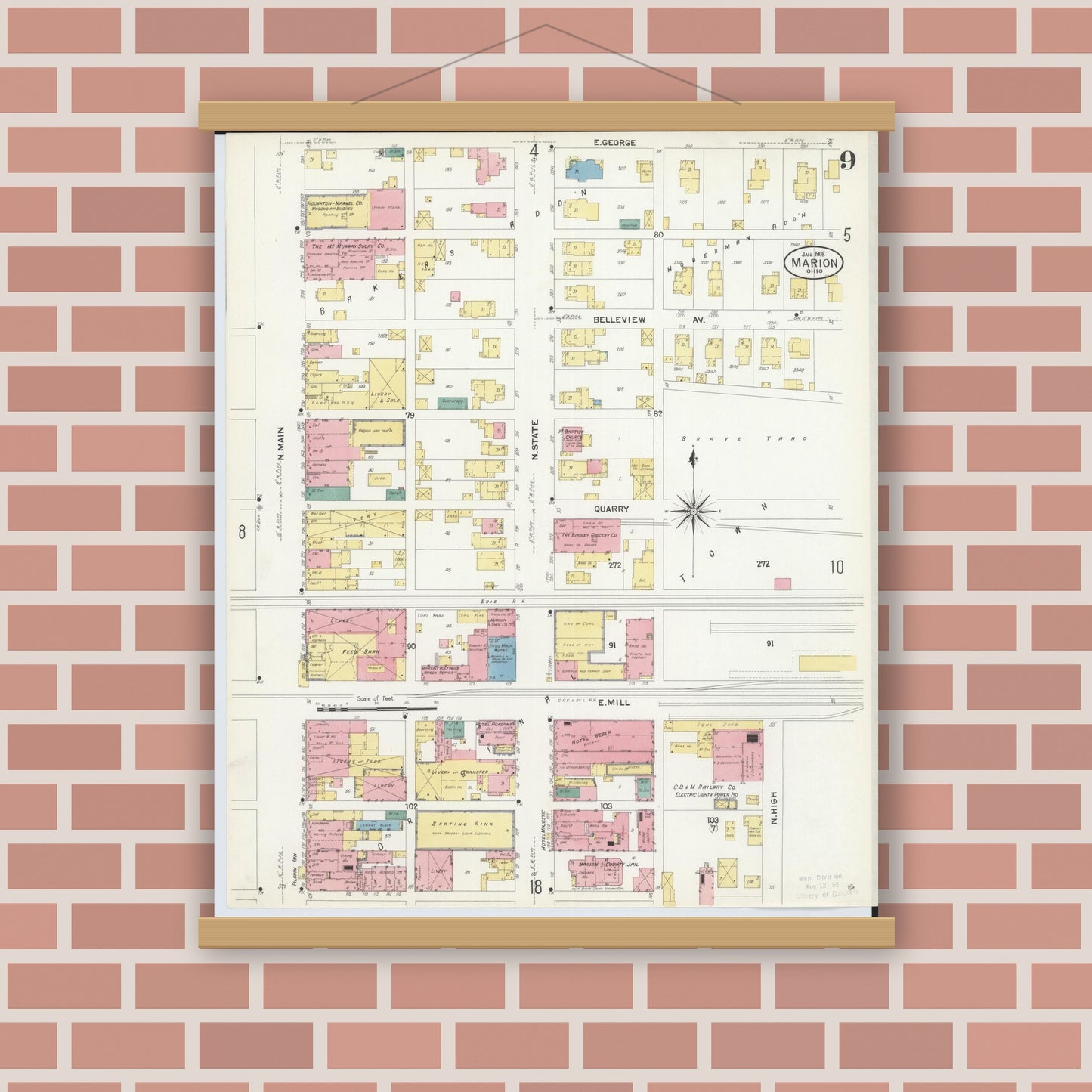 Old map wall art mockup — magnetic wood frame on brick wall — Sanborn Fire Insurance Map from Marion, Marion County, Ohio (1908), Sheet #0009