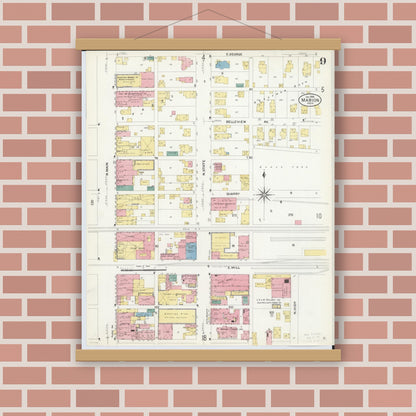Old map wall art mockup — magnetic wood frame on brick wall — Sanborn Fire Insurance Map from Marion, Marion County, Ohio (1908), Sheet #0009