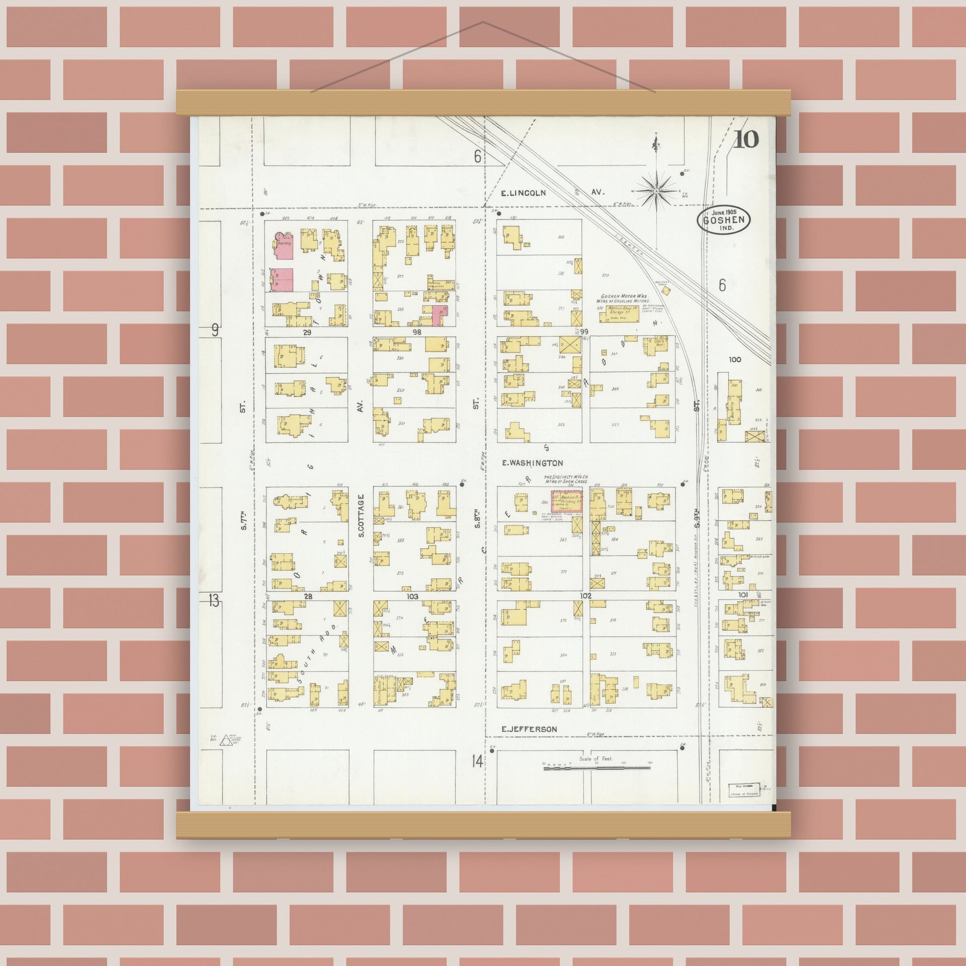 Old map wall art mockup — magnetic wood frame on brick wall — Sanborn Fire Insurance Map from Goshen, Elkhart County, Indiana (1905), Sheet #0010