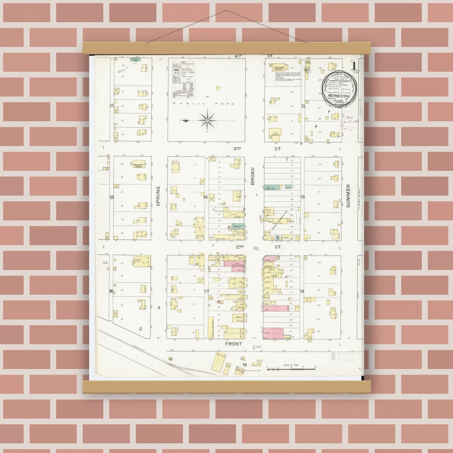 Old map wall art mockup — magnetic wood frame on brick wall — Sanborn Fire Insurance Map from Humeston, Wayne County, Iowa (1893), Sheet #0001