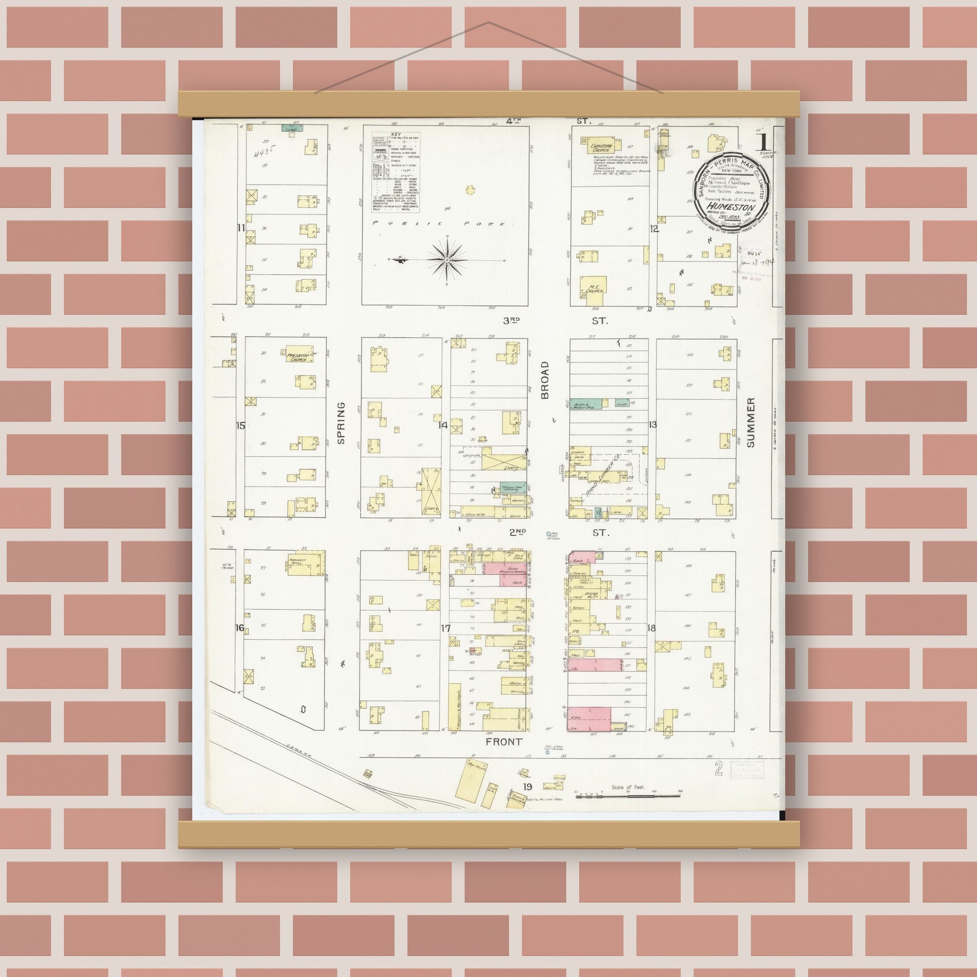 Old map wall art mockup — magnetic wood frame on brick wall — Sanborn Fire Insurance Map from Humeston, Wayne County, Iowa (1893), Sheet #0001