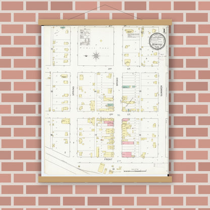 Old map wall art mockup — magnetic wood frame on brick wall — Sanborn Fire Insurance Map from Humeston, Wayne County, Iowa (1893), Sheet #0001