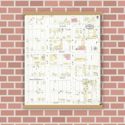 Old map wall art mockup — magnetic wood frame on brick wall — Sanborn Fire Insurance Map from Fort Dodge, Webster County, Iowa (1892), Sheet #0003