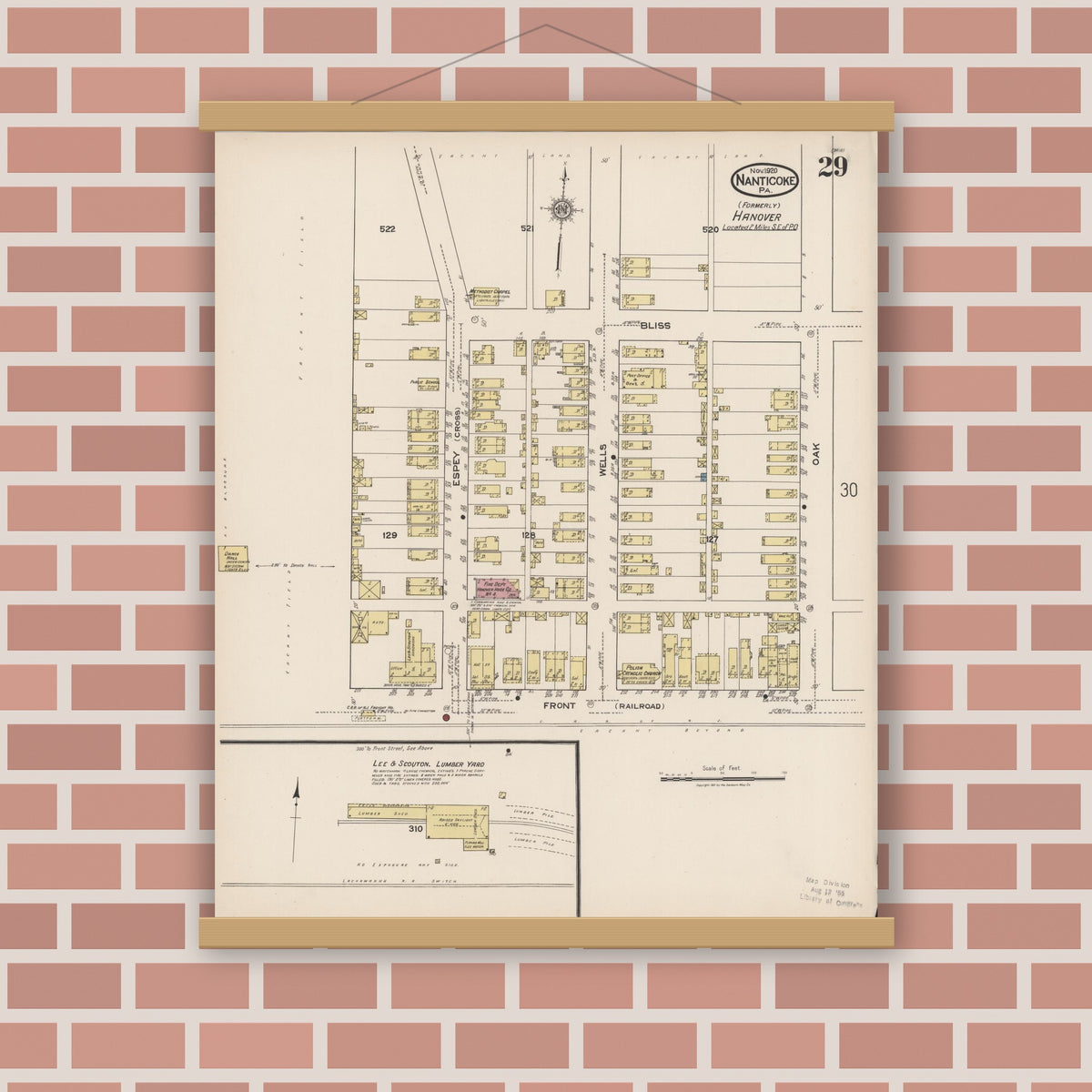 Old map wall art mockup — magnetic wood frame on brick wall — Sanborn Fire Insurance Map from Nanticoke, Luzerne County, Pennsylvania (1920), Sheet #0029