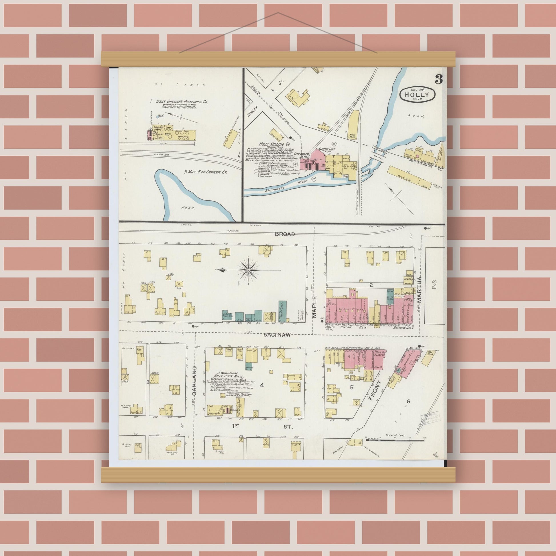 Old map wall art mockup — magnetic wood frame on brick wall — Sanborn Fire Insurance Map from Holly, Oakland County, Michigan (1893), Sheet #0003