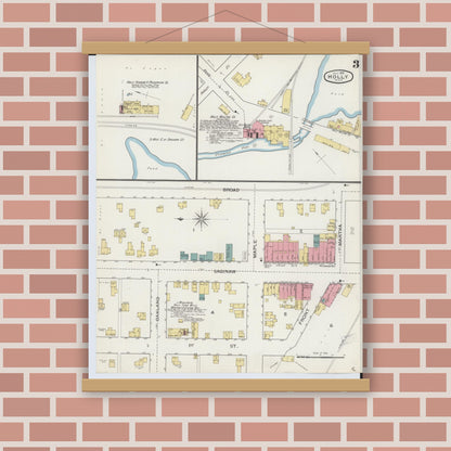 Old map wall art mockup — magnetic wood frame on brick wall — Sanborn Fire Insurance Map from Holly, Oakland County, Michigan (1893), Sheet #0003